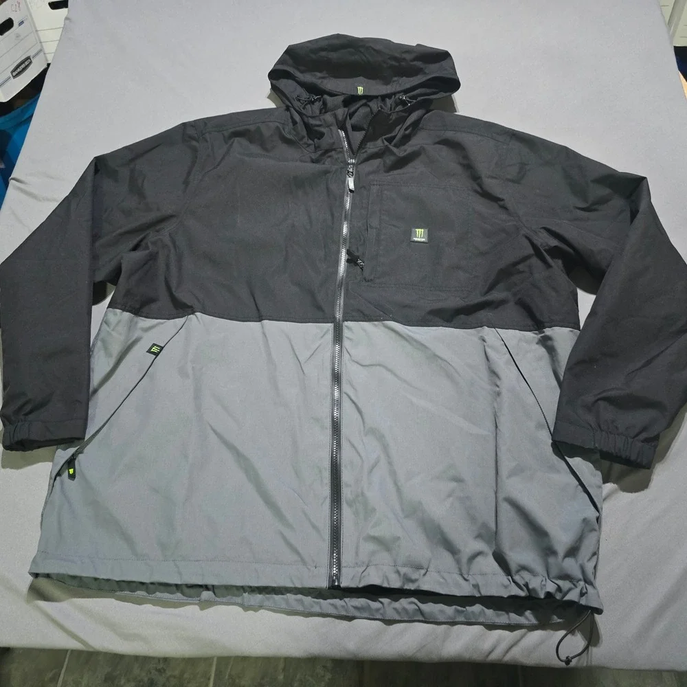 Monster Energy Windbreaker Jacket Mens 3XL Black Grey Hooded Mesh Lined Full Zip